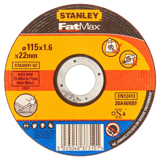 STANLEY STA32647 FatMax cutting disc, 115x1.6x22mm, steel, front angle, product details visible.