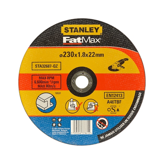 STANLEY STA32687 grinding disc, FatMax branding, 230x1.8x22mm, front view on white background.