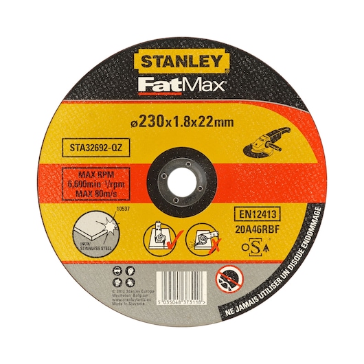 STANLEY STA32692 grinding disc FatMax 230x1.8x22mm front angle, black and yellow design with product details.