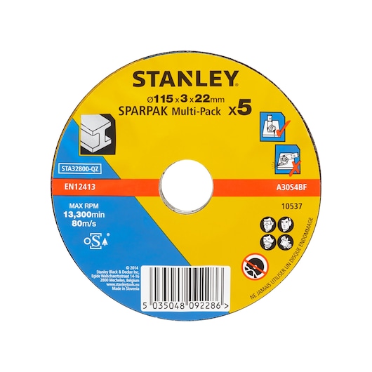 STANLEY STA32800 abrasive cutting disc multi-pack, yellow and blue front view with product details and safety icons.