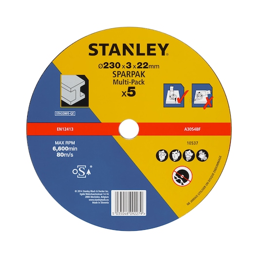 STANLEY STA32805 grinding disc multi-pack, 230x3x22mm, yellow and blue front view with safety icons.