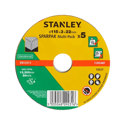 Photo of STANLEY STA32810 cutting disc multipack, yellow and green label, front angle, 115x3x22mm, pack of 5.