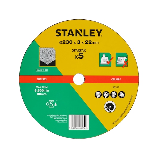 STANLEY STA32815 abrasive cutting disc, yellow/green, flat angle, product details and safety icons shown.