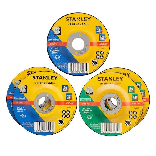 Stanley STA32820 abrasive cutting discs, set of three, yellow, blue and green labels, photography, front angle.
