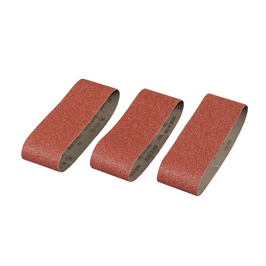 STANLEY STA33001 sanding belts, pack of three, red abrasive, photography, front angle on white background.
