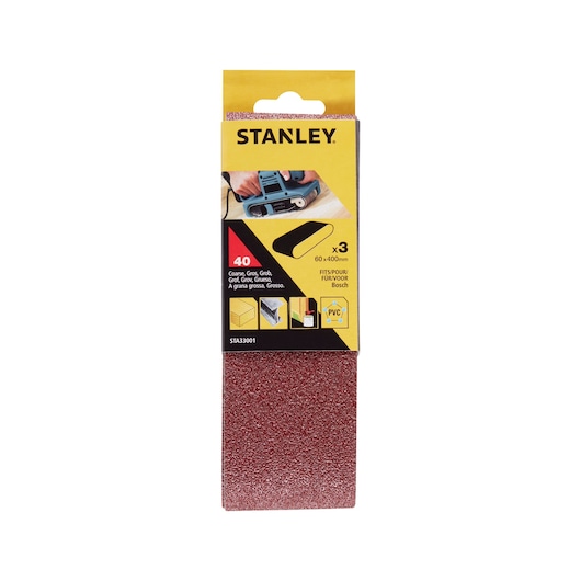 STANLEY STA33001 coarse grit sanding belt pack, 60x400mm, red, for Bosch, front view on white.