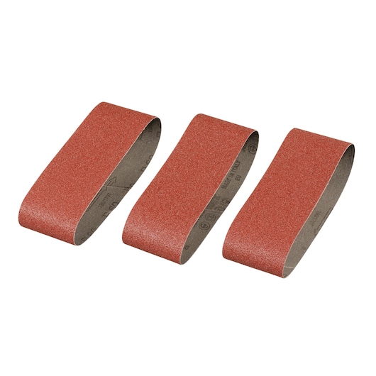 STANLEY STA33006 abrasive sanding belts, pack of three, brown, shown from front on white background.