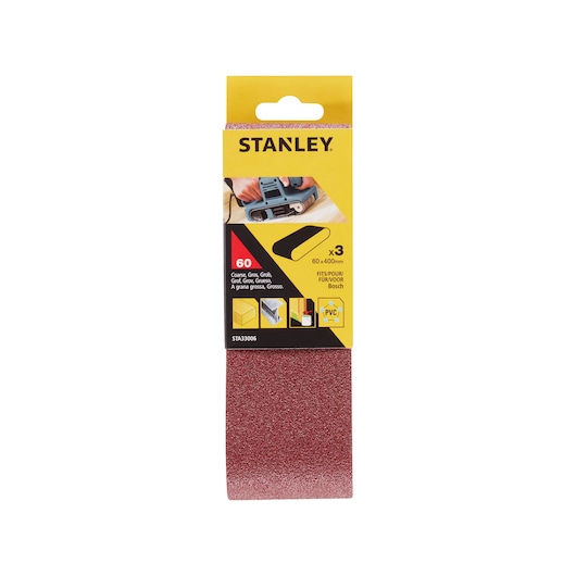 STANLEY STA33006 coarse sanding belt pack, product front angle, yellow packaging with red abrasive belt.