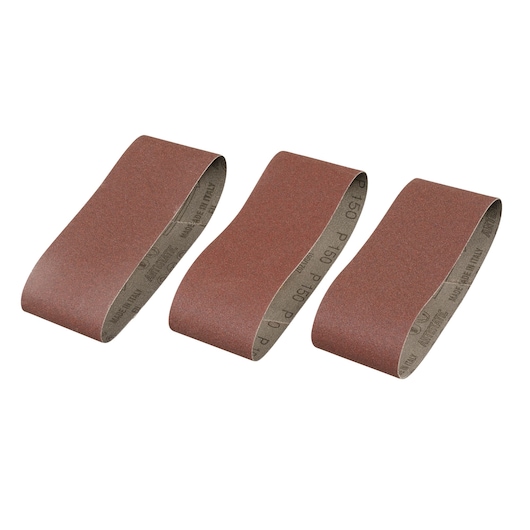 STANLEY STA33021 sanding belts, brown, pack of three, product photography, photographed on white background.