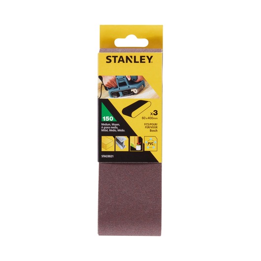STANLEY STA33021 medium grit sanding belts, 60x400mm, pack of 3, brown, photographed from front on white background.
