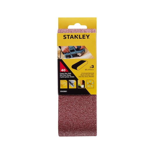 STANLEY STA33061 coarse grit sanding belt pack, brown, 65x410mm, front view on white background.