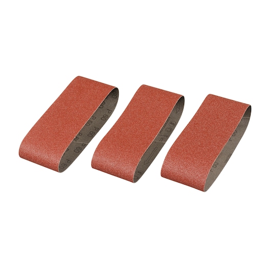 STANLEY STA33066 set of three red abrasive sanding belts, product photography on white background.