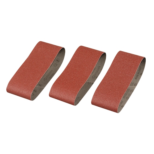 STANLEY STA33071 sanding belt set, three red abrasive belts, product photo, top view, white background.