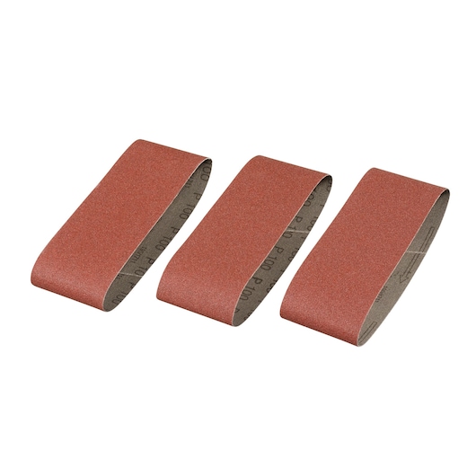 STANLEY STA33076 sanding belt set, three reddish-brown abrasive belts, front angle on white background.