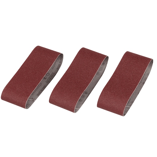 STANLEY STA33081 pack of three maroon sanding belts, shown from above on a white background.