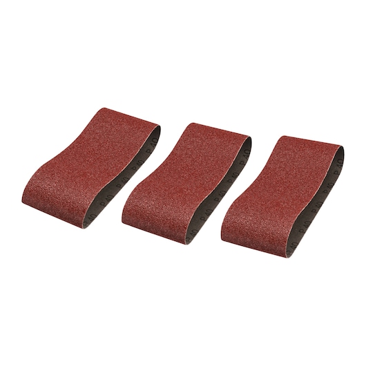 Photo of STANLEY STA33091-XJ sanding belts set, pack of three, red abrasive surface, front angle, white background.