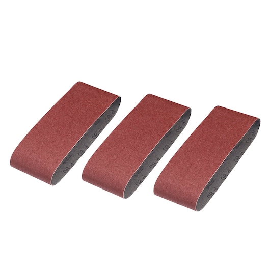 STANLEY STA33101 set of three brown sanding belts, angled top view, abrasive surface visible.