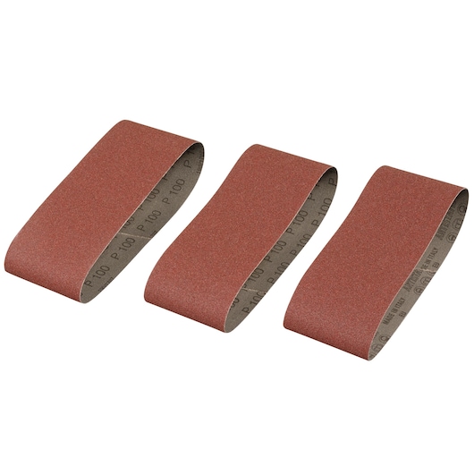 Photo of three STANLEY STA33106 sanding belts, reddish-brown, shown side-by-side on white background.