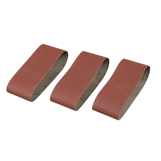 STANLEY STA33111 pack of three brown sanding belts, looped design, shown on white background, abrasives category.