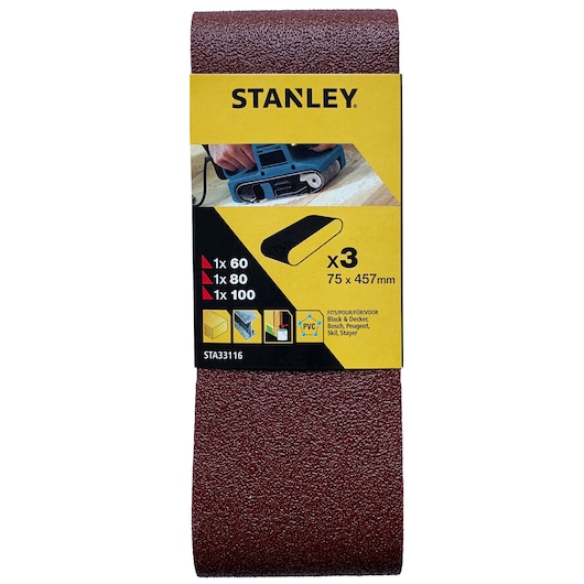 STANLEY STA33116 sanding belt pack, 75x457mm, set of 3, brown color, front view on white background.