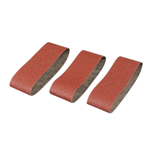 STANLEY STA33151 sanding belts set, pack of three red abrasive belts, top angle on white background.