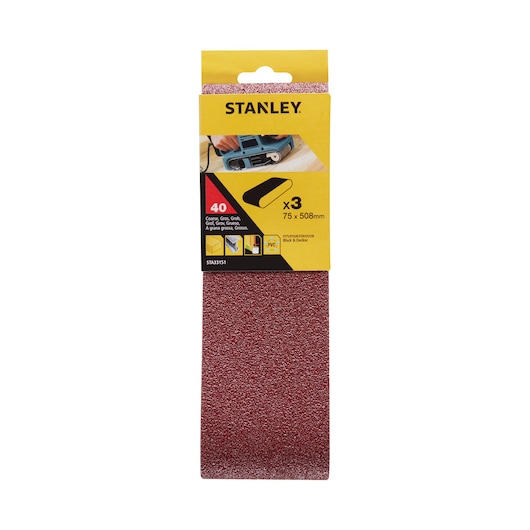 STANLEY STA33151 coarse grit sanding belts pack, red, 75x508mm, 3 pieces, front angle, photography.