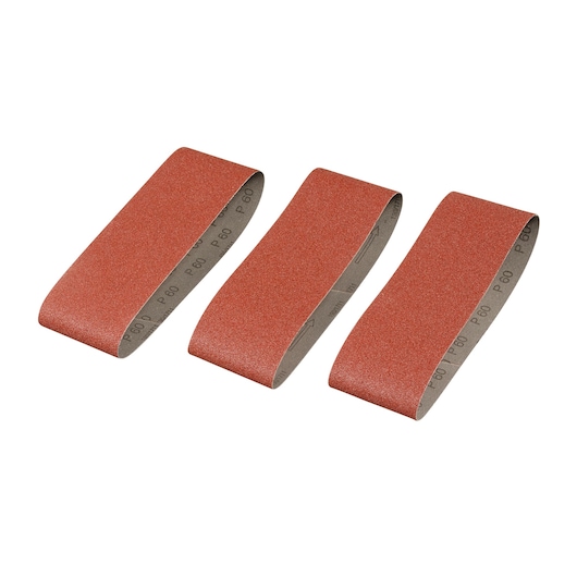 STANLEY STA33156 set of three red sanding belts, medium grit, product photography on white background.