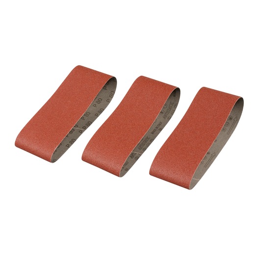 STANLEY STA33161 set of three red abrasive sanding belts, photo on white background.