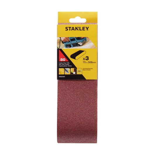 STANLEY STA33161 sanding belt pack, coarse grit 80, 75 x 508mm, set of 3, front angle, red and yellow packaging.