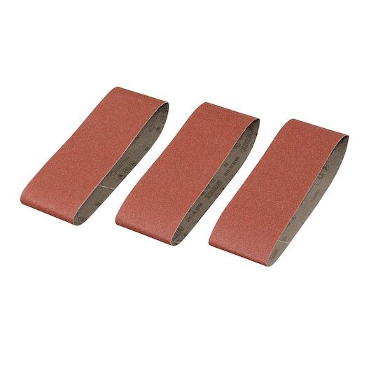 STANLEY STA33166 sanding belt set, three red abrasive belts, product photo on white background.