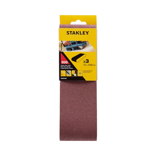 STANLEY STA33166 sanding belt pack, coarse grit, 75x508mm, brown, front angle, photography product category.