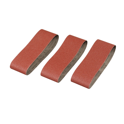 STANLEY STA33186 sanding belt set, three red abrasive belts, flat lay product photo, white background.