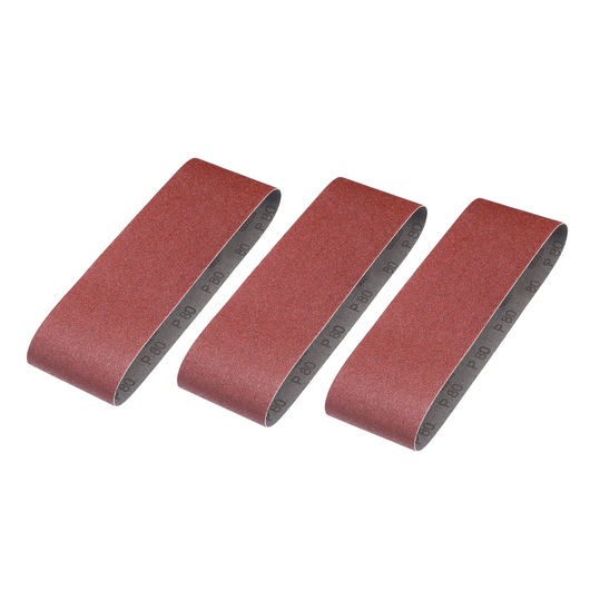 STANLEY STA33191 sanding belt set, three brown abrasive belts, P80 grit, photography, angled view on white background.