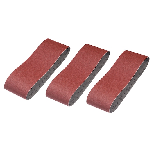 STANLEY STA33196 sanding belt set, pack of three, red abrasive surface, top angle on white background.