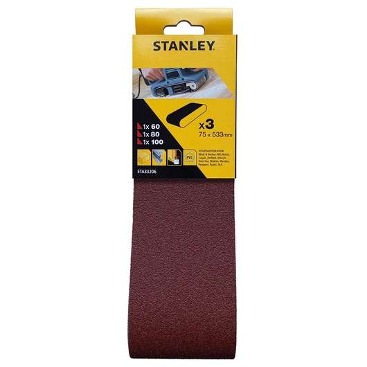 STANLEY STA33206 sanding belt pack, brown abrasive, front view, 75 x 533 mm, set of three belts.