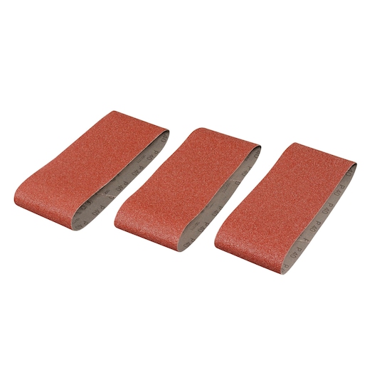 STANLEY STA33241 sanding belt set, red abrasive surface, pack of three, product photo on white background.