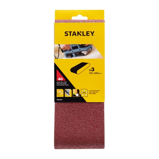 STANLEY STA33241 coarse sanding belt set, pack of 3, 100x560 mm, shown from front on white background.