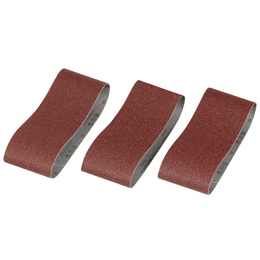 STANLEY STA33246 sanding belt set, three brown abrasive loops, product photography, front angle.