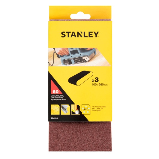 STANLEY STA33246 coarse sanding belt pack, yellow packaging, 100x560mm, 3 pieces, front angle photo.