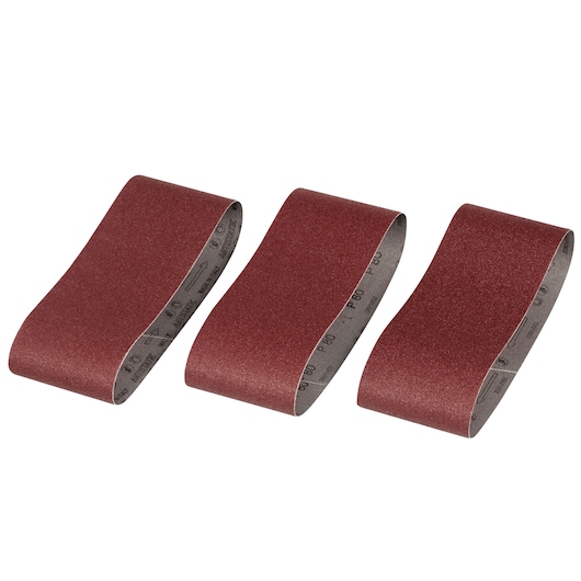 Three red sanding belts for power tools, displayed side by side against a white background.