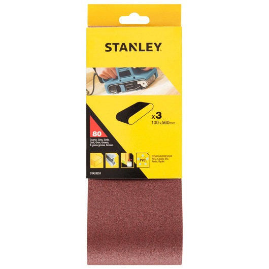 STANLEY STA33251 sanding belt pack, coarse 80 grit, 100x560mm, set of 3, shown from front on white background.