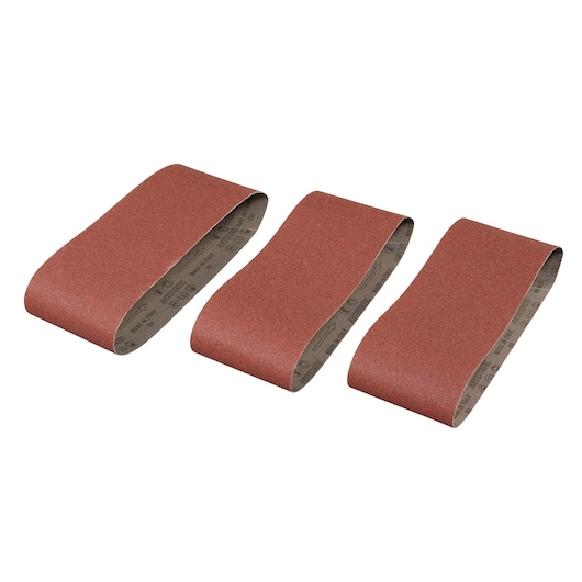 STANLEY STA33256 sanding belt set, three brown abrasive belts, product photo on white background.