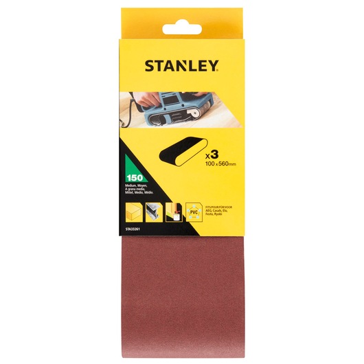 Photo of STANLEY STA33261 sanding belt pack, 3 medium grit belts, 100x560mm, yellow and brown packaging, front angle.