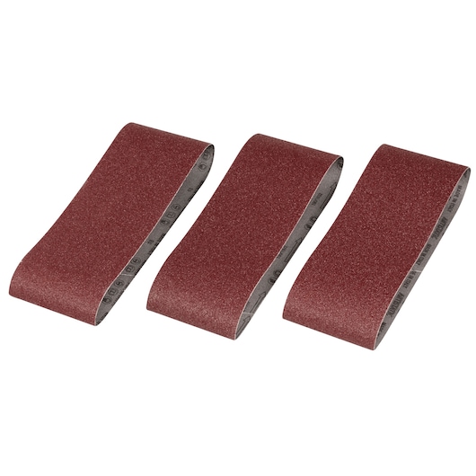 STANLEY STA33276 sanding belt set of three, brown abrasive surface, product photo on white background.