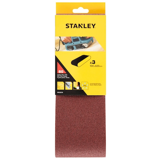 Stanley STA33276 coarse sanding belts, pack of 3, 100x620mm, brown, front angle, photography product.