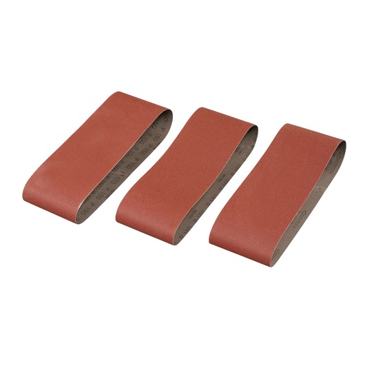 STANLEY STA33291 set of three brown sanding belts for belt sanders, top view on white background.