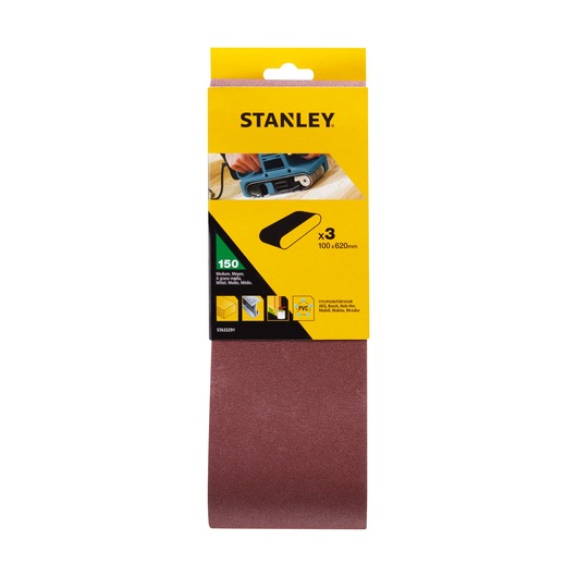 STANLEY STA33291 sanding belt pack, 150 grit, brown, front angle, for wood, metal, PVC.