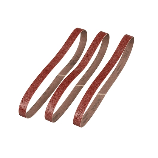 Photo of STANLEY STA33311 sanding belt set, three brown abrasive belts arranged on a white background, top view.
