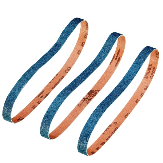 STANLEY STA33316 sanding belts, pack of three, blue abrasive surface, product photo on white background.