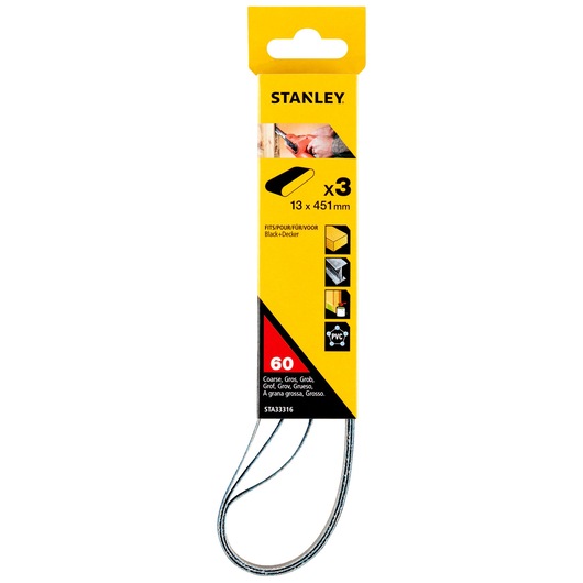 STANLEY STA33316 coarse sanding belts, 13x451mm, pack of 3, yellow and black packaging, front view.